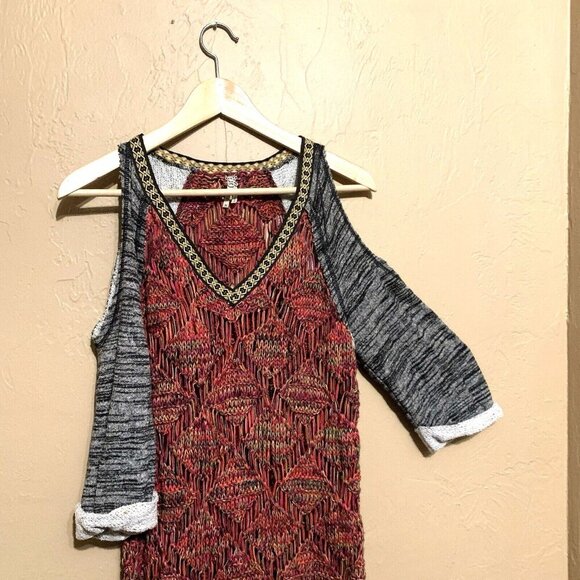 BKE Cold Shoulder Sweater Open Weave Tunic Top Buckle Multicolor Sz M Boho Hippy - Picture 2 of 8